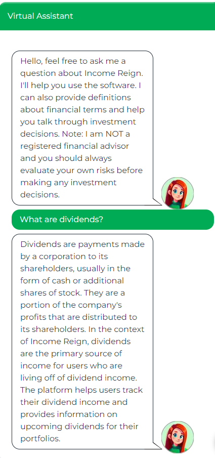 Preview of chat assistant. With user asking 'What are dividends?' and assistant responding with the definition of dividends.